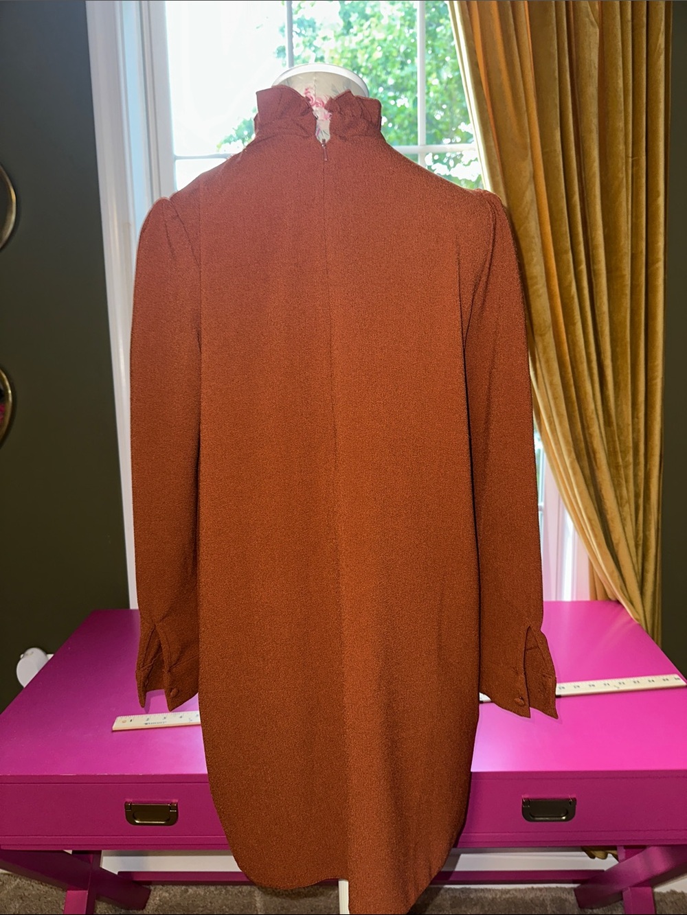 ASOS Rust Long Sleeve High-Neck Ruffle Dress - Picture 4 of 6